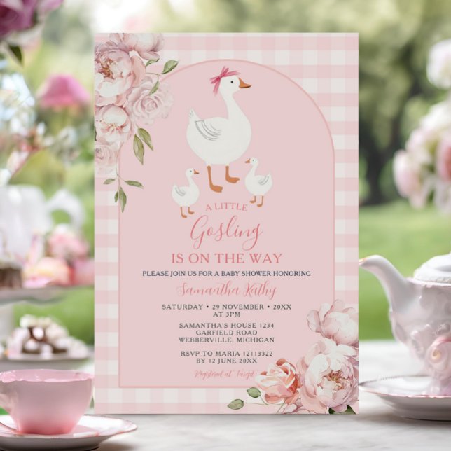 A Little Gosling Pink Floral Gingham Baby Shower Invitation (Creator Uploaded)