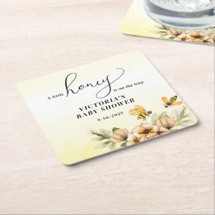 A little honey bee is on the way Baby Shower Square Paper Coaster