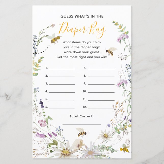 A Little Honey Bee Wildflower What's in Diaper Bag (Front)