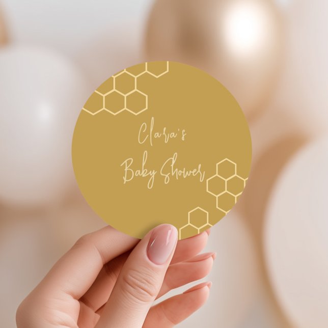A Little Honey Minimal Golden Beige Baby Shower Classic Round Sticker (Creator Uploaded)