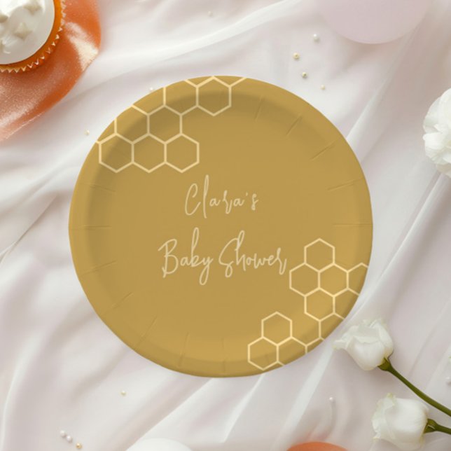 A Little Honey Minimal Golden Beige Baby Shower Paper Plate (Creator Uploaded)