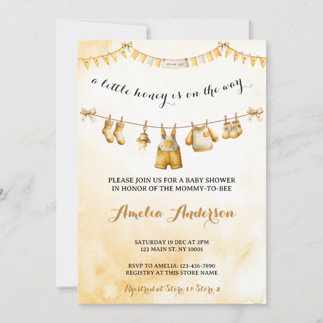 A little Honey On The Way Clothesline Baby Shower Invitation (Front)