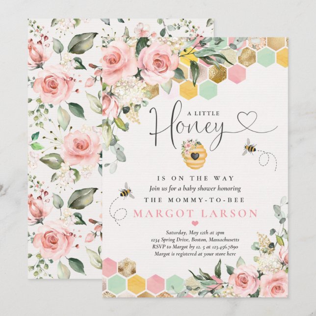 A Little Honey On The Way Greenery Pink Gold Baby Invitation (Front/Back)