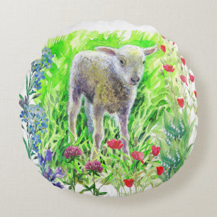 A little lamm and wildflowers  round cushion