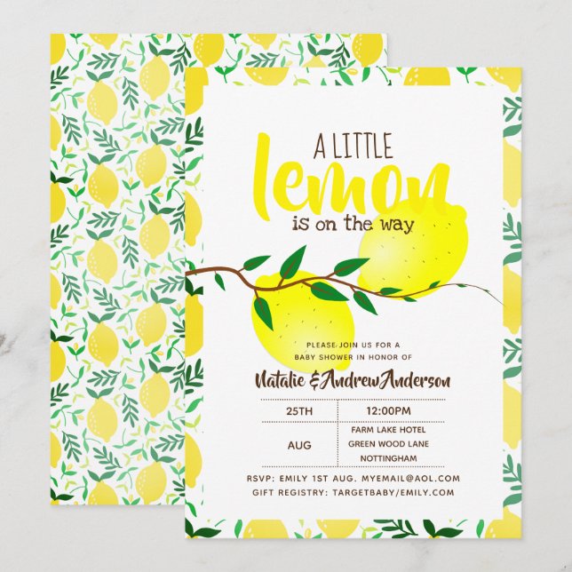 A Little Lemon On The Way Fresh Yellow Baby Shower Invitation (Front/Back)