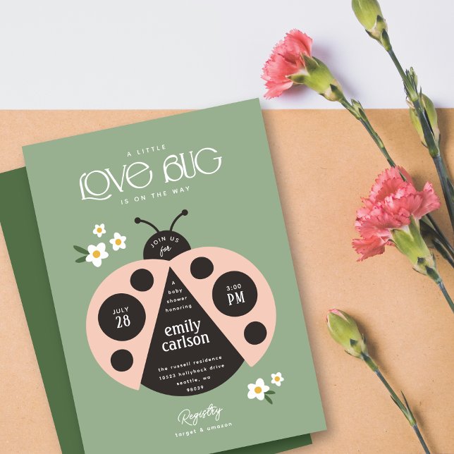 A Little Love Bug Sage Green Baby Girl Shower Invitation (Creator Uploaded)