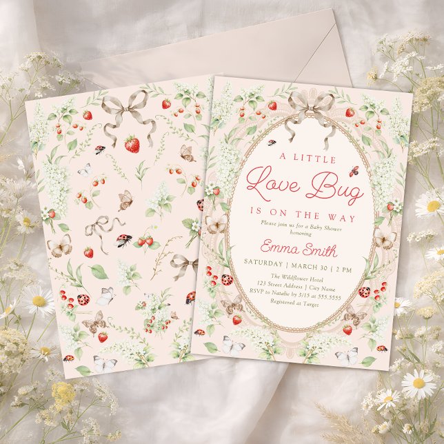 A Little Love Bug Strawberry Floral Baby Shower Invitation (Creator Uploaded)