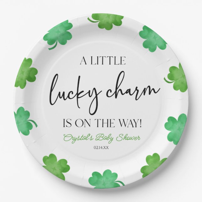 A Little Lucky Charm Green Clover Baby Shower Paper Plate (Front)