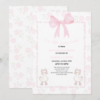 A Little Lucky Duckie Pink Bow Floral Baby Shower Invitation