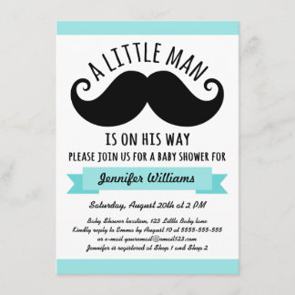 A little man, aqua blue moustache baby shower invitation