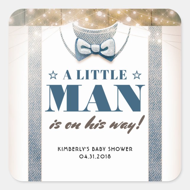 A Little Man Is On His Way Baby Shower Square Sticker (Front)