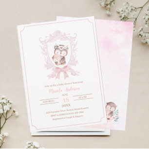 A Little owl  pink crests bows baby showInvitation Invitation