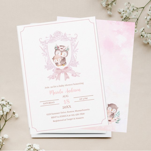 A Little owl  pink crests bows baby showInvitation Invitation (Creator Uploaded)