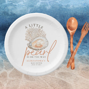 A Little Pearl Watercolor Seashell Baby Shower Paper Plate
