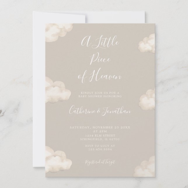 A Little Piece Of Heaven Beige Clouds Baby Shower Invitation (Front)