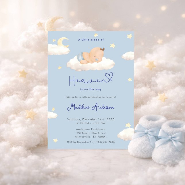 A Little Piece of Heaven Clouds Baby Boy Shower Invitation (Creator Uploaded)