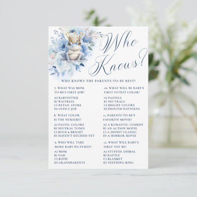 A Little Prince Royal Blue Shower Who Knows? Invitation (Standing Front)