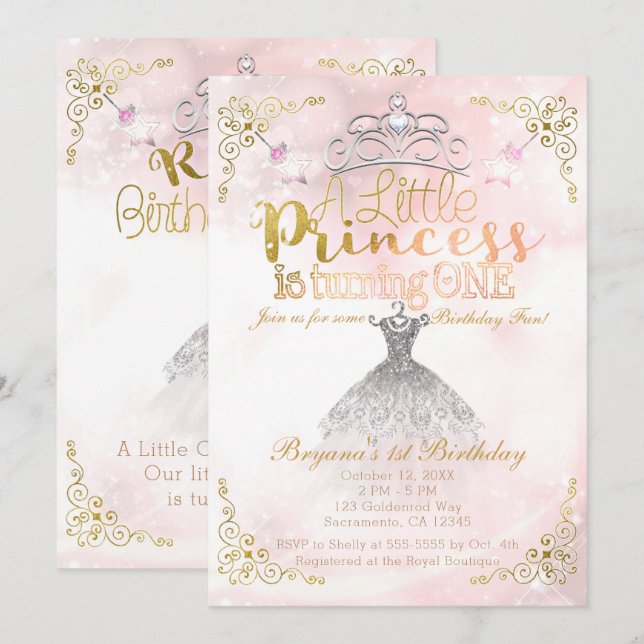 A Little Princess turning ONE 1st Birthday Party Invitation (Front/Back)