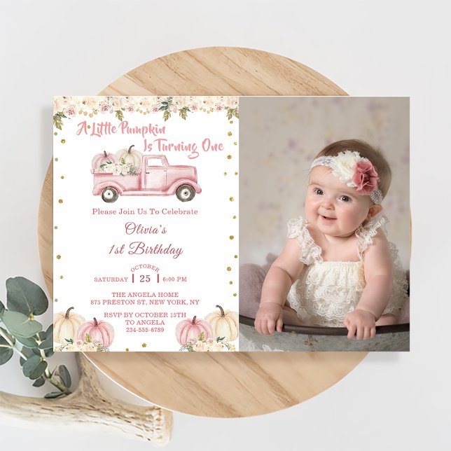 A Little Pumpkin 1st Birthday Pink Truck Photo Invitation (Creator Uploaded)