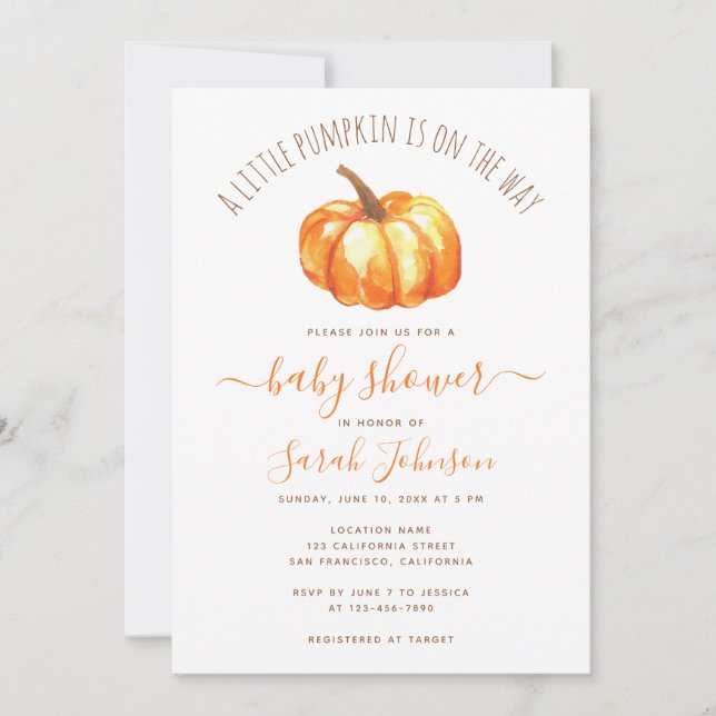 A Little Pumpkin Autumn Baby Shower Watercolor Invitation (Front)