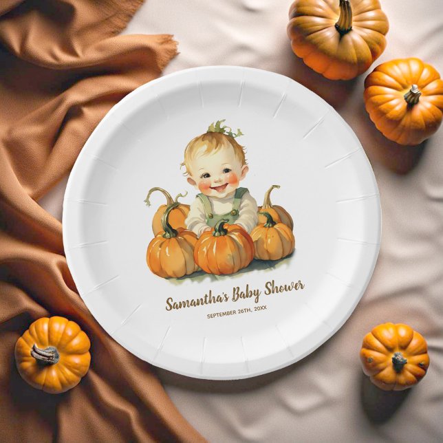 A Little Pumpkin Autumn Fall Baby Shower Boy Paper Plate (Creator Uploaded)