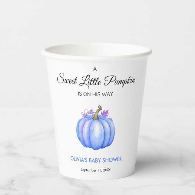 A Little Pumpkin Autumn Fall Blue Boy Baby Shower Paper Cups (Front)