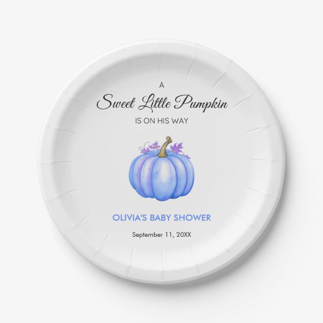 A Little Pumpkin Autumn Fall Blue Boy Baby Shower Paper Plate (Front)