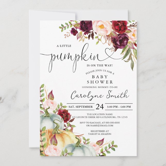 A Little Pumpkin Autumn Fall Floral Baby Shower Invitation (Front)