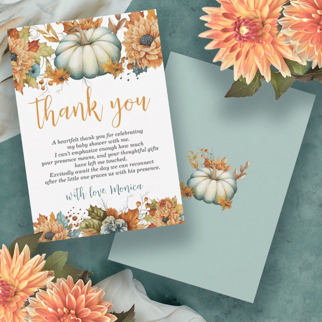 A Little Pumpkin Autumn Fall Floral Baby Shower Thank You Card (A Little Pumpkin Watercolor Floral Boy Baby Shower Thank You Card)