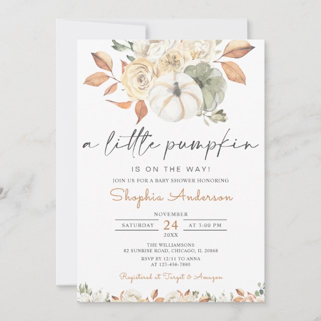 A Little Pumpkin Autumn Floral Fall Baby Shower Invitation (Front)