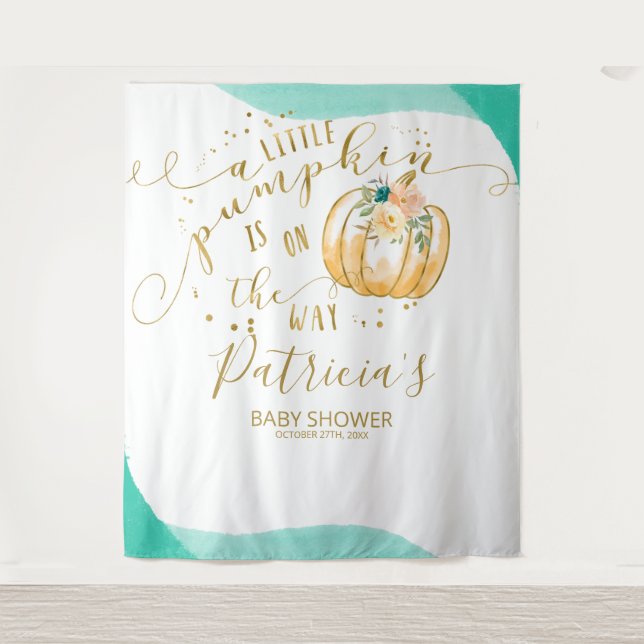 A Little Pumpkin Baby Shower Backdrop Tapestry (Front)