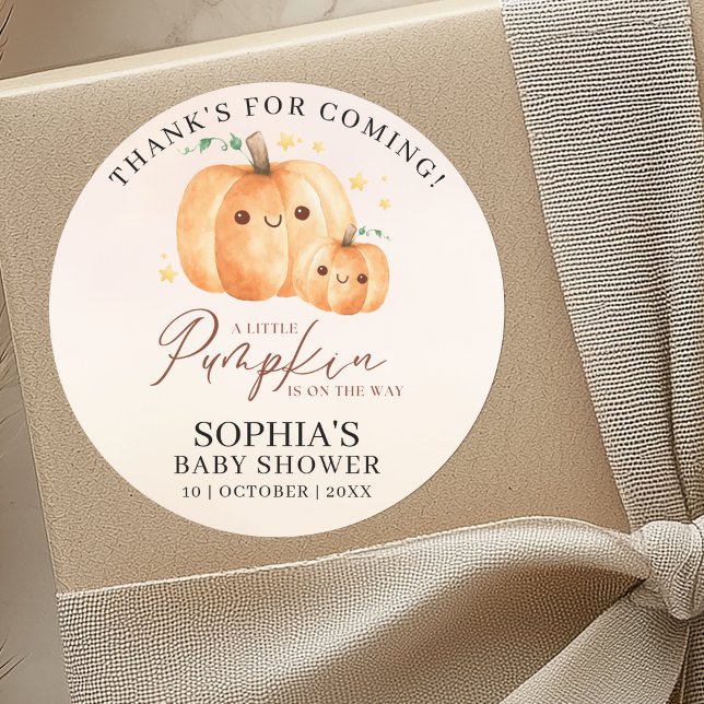 "A Little Pumpkin" Baby Shower – Fall Theme Classic Round Sticker (Creator Uploaded)