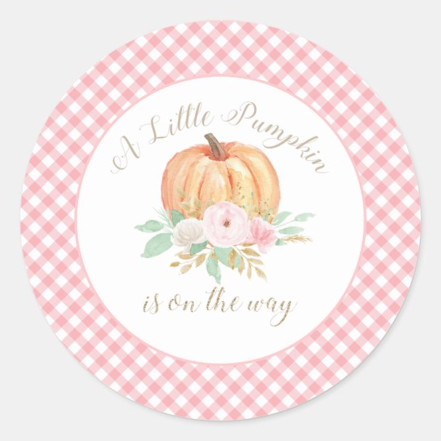 A Little Pumpkin Baby Shower Floral Pink Plaid Classic Round Sticker (Front)