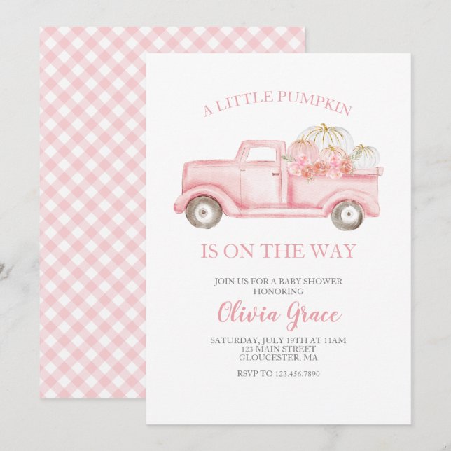 A Little Pumpkin Baby Shower Pink Truck Invitation (Front/Back)