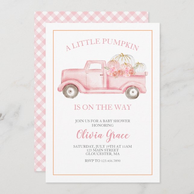 A Little Pumpkin Baby Shower Pink Truck Invitation (Front/Back)