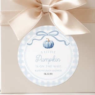 A Little Pumpkin Blue Bow Fall Baby Shower Classic Round Sticker