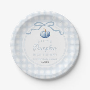 A Little Pumpkin Blue Bow Fall Baby Shower Paper Plate
