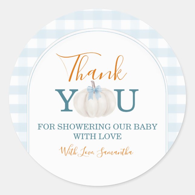 A Little Pumpkin Blue Truck Baby Shower Thank You Classic Round Sticker (Front)