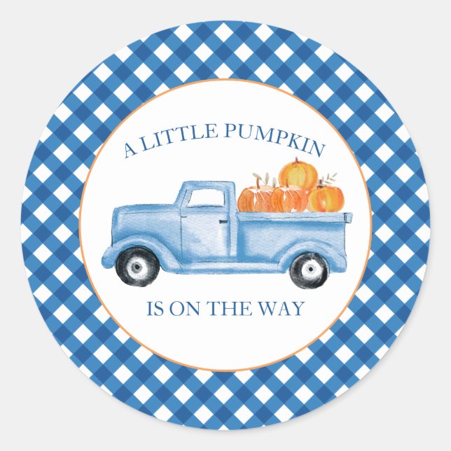 A Little Pumpkin blue truck fall baby shower Classic Round Sticker (Front)