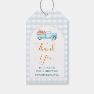 A Little Pumpkin Blue Truck Gingham Baby Shower Gift Tags