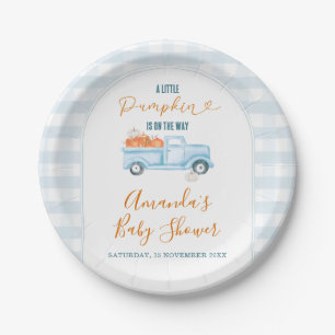 A Little Pumpkin Blue Truck Gingham Baby Shower Paper Plate