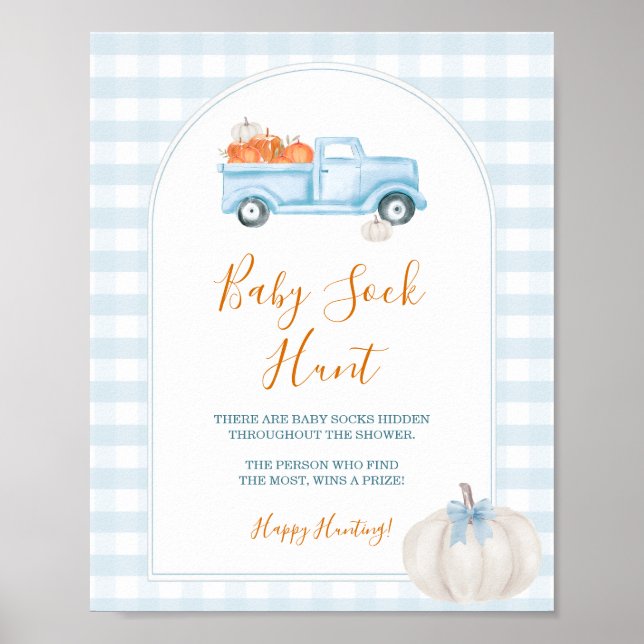 A Little Pumpkin Blue Truck Gingham Baby Sock Hunt Poster (Front)