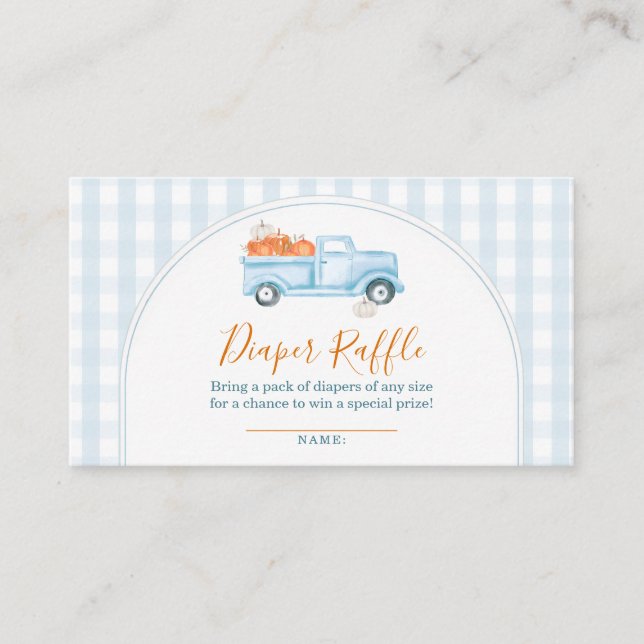 A Little Pumpkin Blue Truck Gingham Diaper Raffle Enclosure Card (Front)