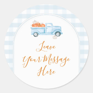 A Little Pumpkin Blue Truck Gingham Your Message Classic Round Sticker