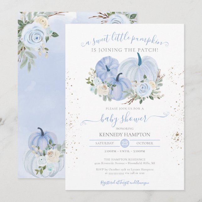 A Little Pumpkin Blue White Boy Girl Baby Shower Invitation (Front/Back)
