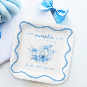 A Little Pumpkin Bow Wave Frame Baby Shower Paper Plate