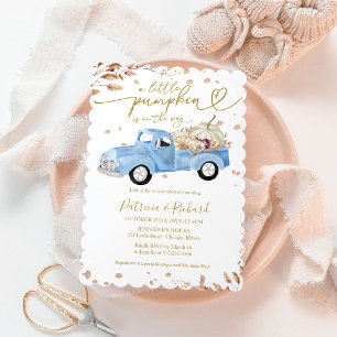 A Little Pumpkin Boy Baby Shower Blue Truck Invitation