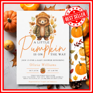 A Little Pumpkin Fall Autumn CUTE BEAR Baby Shower Invitation