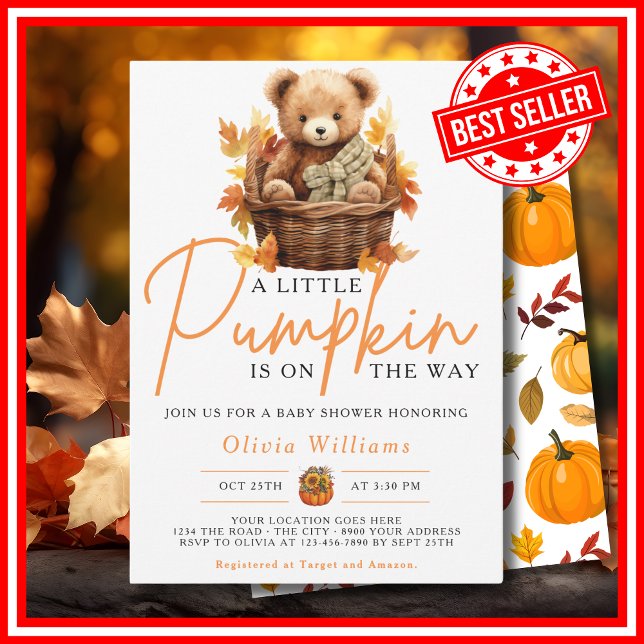 A Little Pumpkin Fall Autumn CUTE BEAR Baby Shower Invitation (A Little Pumpkin is on the Way Fall Autumn CUTE BEAR Baby Shower Invitation)