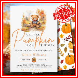 A Little Pumpkin Fall Autumn CUTE BEAR Baby Shower Invitation